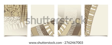 Agriculture field pattern, aerial view card poster with copy space. Countryside grassland, farm land from top. Geometric farmland patches, padded mosaic country background in beige and brown colors