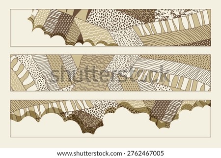 Agriculture field pattern, aerial view horizontal banner. Countryside grassland, farm land from top. Geometric farmland patches, padded mosaic country background in beige and brown colors