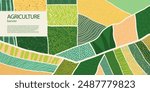 Agriculture field pattern banner, aerial view. Countryside grassland, farm land from top. Geometric farmland patches, padded mosaic country background, natural patchwork texture