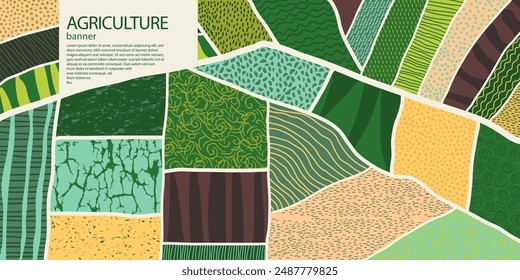 Agriculture field pattern banner, aerial view. Countryside grassland, farm land from top. Geometric farmland patches, padded mosaic country background, natural patchwork texture