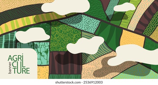 Agriculture field pattern banner, aerial view. Countryside grassland, farm land from top. Geometric farmland patches, padded mosaic country