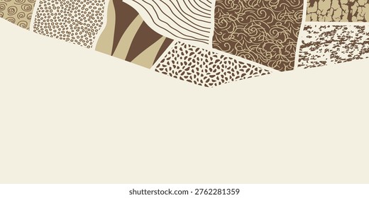 Agriculture field pattern banner, aerial view in a beige, brown colors. Countryside grassland, farm land from top. Geometric farmland patches, padded mosaic country background, abstract patchwork banner