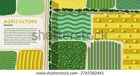 Agriculture field pattern banner, aerial view. Countryside grassland, farm land from top. Geometric farmland patches, padded mosaic country background, natural patchwork texture