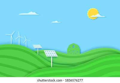 Agriculture field with solar battery and windmill eco energy in paper cut style. 3d landscape with green waves and blue sky. Creative vector illustration ecology and environment conservation concept