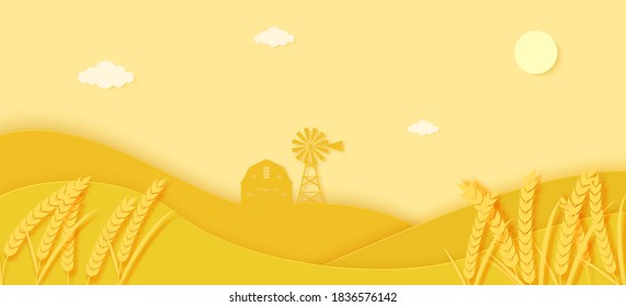 Agriculture field with spikelets of wheat and barn and windmill in papercut style. 3D autumn landscape with yellow paper cut meadow. Vector illustration of environmental conservation and farm concept