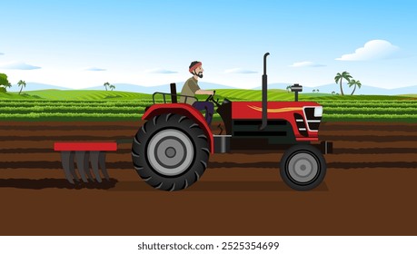Agriculture Field Tractor Plowing Vector, Farm Field Background, Tractor Plowing,  Harvesting Vector