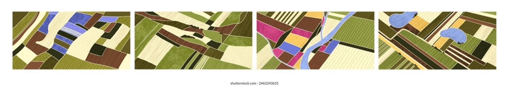 Agriculture fields from top. Farm land, patchwork landscape, aerial view. Farmland patterns set, country rural nature textures from above. Paddy countryside backgrounds. Flat vector illustrations