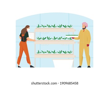 Agriculture flat composition with men and women looking after greenhouse plants isolated vector illustration