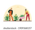 Agriculture flat composition with two men in gardeners uniform planting exotic pineapple plants isolated vector illustration