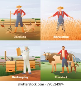 Agriculture flat compositions on nature background including farmer with pitchfork and livestock, harvesting, beekeeping isolated vector illustration