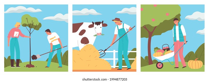 Agriculture flat design concept with happy people planting tree working with pitchfork and harvesting isolated vector illustration