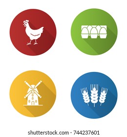 Agriculture flat design long shadow glyph icons set. Farming. Chicken, eggs tray, windmill, wheat ears. Vector silhouette illustration