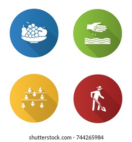 Agriculture flat design long shadow glyph icons set. Farming. Bowl with fruits, sowing, farmer, field. Vector silhouette illustration