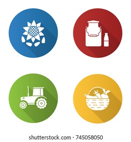 Agriculture flat design long shadow glyph icons Farming. Milk can and bottle, tractor, sunflower head with seeds, vegetables in basket. Vector silhouette illustration