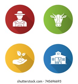 Agriculture flat design long shadow glyph icons set. Farmer, cow head, sprout in hand, barn building. Vector silhouette illustration