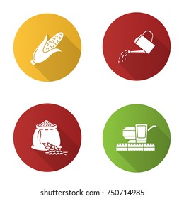 Agriculture flat design long shadow glyph icons set. Farming. Corn, watering can, flour bag, combine harvester. Vector silhouette illustration
