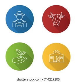 Agriculture flat linear long shadow icons set. Farmer, cow head, sprout in hand, barn building. Vector outline illustration