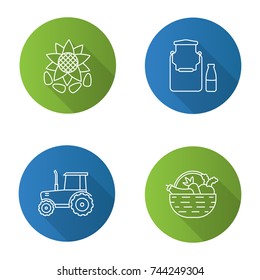 Agriculture flat linear long shadow icons set. Farming. Milk can and bottle, tractor, sunflower head with seeds, vegetables in basket. Vector outline illustration