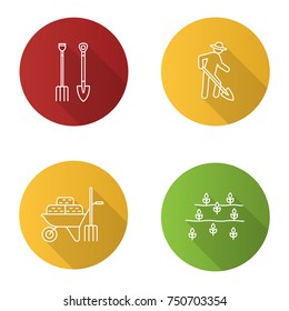 Agriculture flat linear long shadow icons set. Farming. Shovel and pitchfork, farmer, wheelbarrow with hays, field. Vector outline illustration
