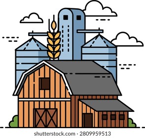 Agriculture Flat Vector Illustration with Barn Silos and Wheat