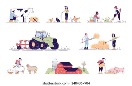 Agriculture flat vector illustrations. Animal husbandry cartoon concepts with outline. Dairy, poultry and sheep farms. Farmers working characters. Cultivation of plants, harvesting. Livestock farming