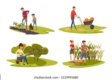 Agriculture flat vector illustrations set. Happy farmers family cartoon characters. Rural lifestyle, seasonal harvest. People dig up potatoes, transporting vegetables, collecting berries and corn