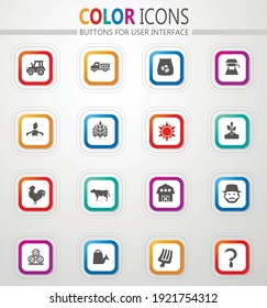 Iconos de botón plano de vector de producción agrícola y alimentaria con contorno y sombra de color