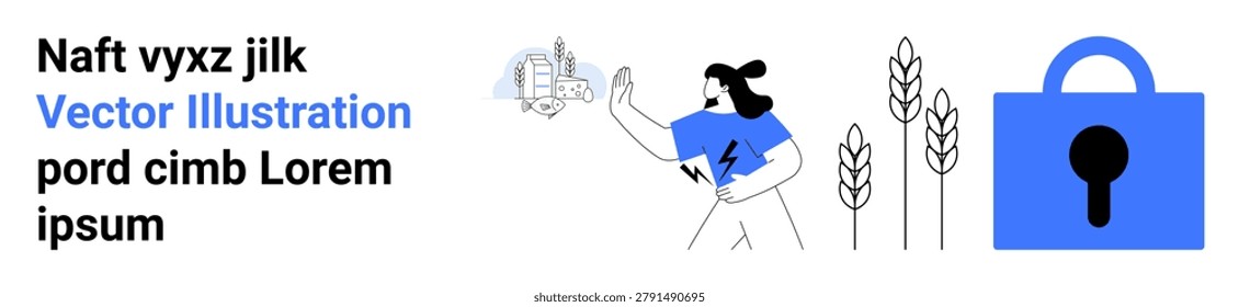 Agriculture, food security, data protection, agritech, sustainable farming, technology integration. Woman analyzing crops, padlock symbol cybersecurity. Agriculture and food security concepts