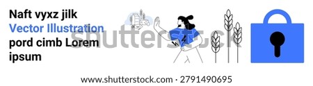 Agriculture, food security, data protection, agritech, sustainable farming, technology integration. Woman analyzing crops, padlock symbol cybersecurity. Agriculture and food security concepts