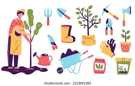 Agriculture garden tools farmer working gardening abstract concept set. Vector graphic design element illustration