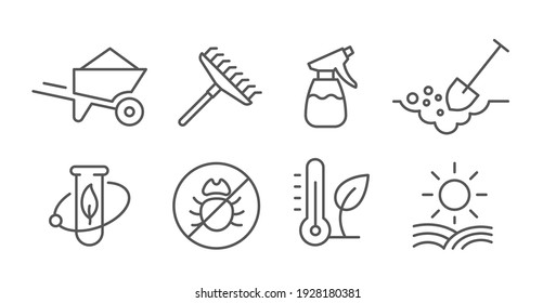 Agriculture and gardener. Growing plants. Set of icons. Sowing seeds. Vector contour line.