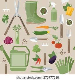 Agriculture and gardening seamless pattern with horticulture work tools and colorful fresh garden vegetables