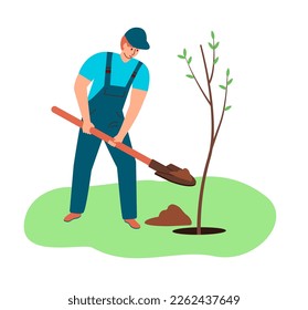 Agriculture and gardering concept. a man plants a tree.