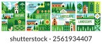 Agriculture geometric. Tree, forest, pattern abstract farm. Background village, green field. Geometry Bauhaus style. Flower, town, house and different plant. Vector poster cartoon flat illustration