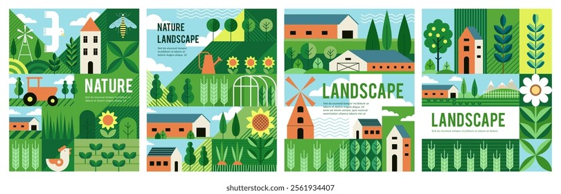 Agriculture geometric. Tree, forest, pattern abstract farm. Background village, green field. Geometry Bauhaus style. Flower, town, house and different plant. Vector poster cartoon flat illustration