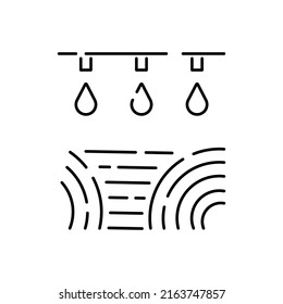 Agriculture and global farming Line Icons. Contains such Icons Harvester, farmers and village farm buildings. Drip irrigation. llustration. Global farming or flour and grain