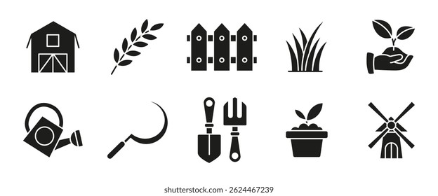 Agriculture glyph icon set. Black vector illustrations of farm tools, plants and growth. Farming and gardening symbols for agricultural apps, eco projects and rural development materials.