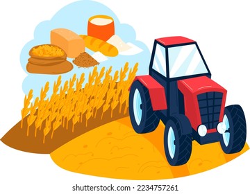 Agriculture grain harvest, tractor work for making wheat, flour, bread and food vector illustration. Cereal machinery farming, machine crop straw