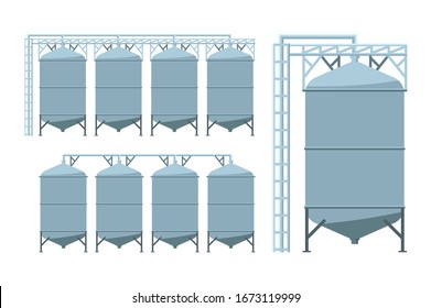 Agriculture grain silos. Agro manufacturing plant for processing drying cleaning and storage of agricultural products, flour, cereals and grain. Vector illustration.