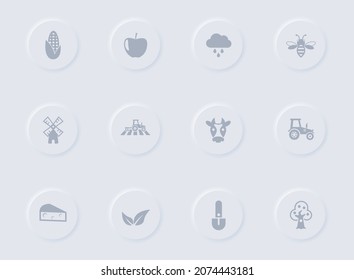 agriculture gray vector icons on round rubber buttons. agriculture icon set for web, mobile apps, ui design and promo business polygraphy