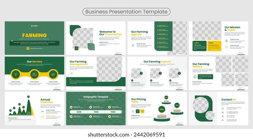 Landwirtschaftliche grüne Elemente von Infografiken auf weißem Hintergrund Präsentation. Verwendung in Präsentationsvorlagen, Flyer und Faltblatt, Unternehmensbericht, Marketing, Werbung, Geschäftsbericht und Banner.