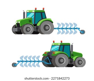 Agriculture green tractor with plow. Front and back side view abstract farm equipment. Colorful vector clip art on white background