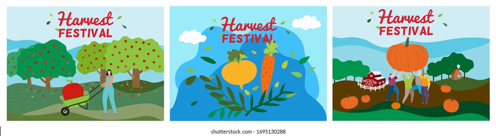 Agriculture harvest festival vector illustration. Cartoon woman man active character harvesting, working in apple autumn garden or farm field, tiny people holding pumpkin. Agricultural fest poster set