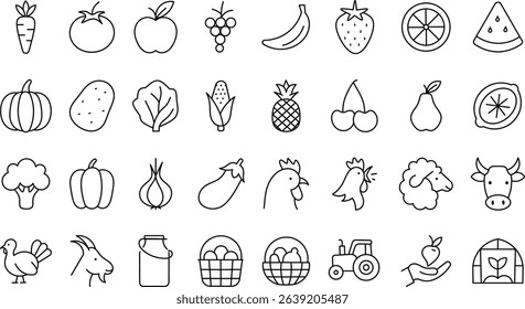 Agriculture and Harvest Line Icon Collection. Featuring Milk, Eggs, Tractor, and Farm Animals. Stroke Icons.
