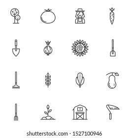 Agriculture harvest line icons set. linear style symbols collection, outline signs pack. vector graphics. Set includes icons as tree, tomato, gardener, farmer, sunflower, shovel, corn, plant, carrot 