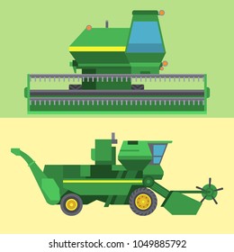 Agriculture harvest machine vector industrial banner farm equipment tractors transport combines and machinery excavator illustration.