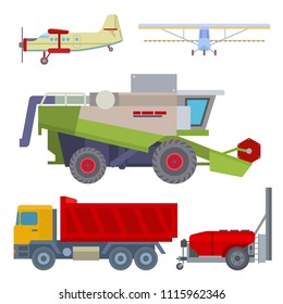 Agriculture harvest machine vector industrial farm equipment tractors transport combines and machinery excavator illustration.