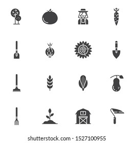 Agriculture harvest vector icons set, modern solid symbol collection, filled style pictogram pack. Signs, logo illustration. Set includes icons as tree, tomato, gardener, farmer, sunflower, shovel