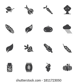 Agriculture harvest vector icons set, modern solid symbol collection, filled style pictogram pack. Signs, logo illustration. Set includes icons as fruit and vegetable, jam jar, wheat bag, pumpkin