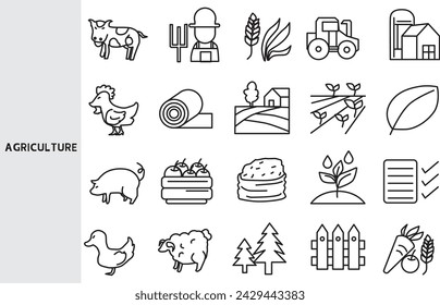 Agriculture Harvesting agricultural products and agricultural production, agriculture ,Set of line icons for business ,Outline symbol collection. ,Vector illustration. Editable stroke